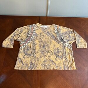 Bucket List Boho Paisley Print Top‎ Mustard Brown 3/4 Sleeve Made in USA L